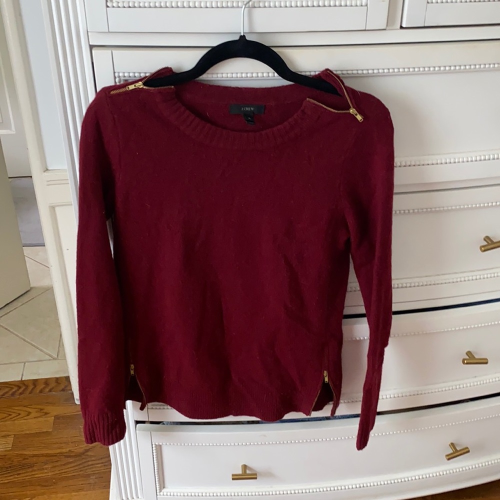 J. Crew Red Burgundy Zipper Detail Sweater Knit Wool Top Sweatshirt Long Sleeve